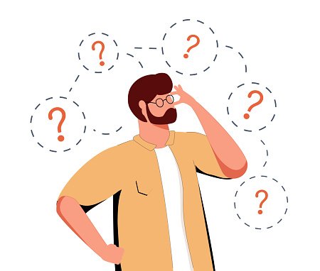 Thoughtful characters with question marks solving problems or searching solutions. Problem solving and choice. Smart man thinking or puzzled. Frequently asked questions concept. Business thinking